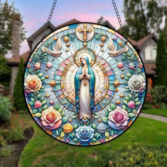 Virgin Mary Suncatcher - Round Acrylic Wall Art, Stained Style Hanging Decor, Ideal for Living Room, Bedroom,Perfect Family Gift