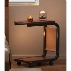 1pc Brown Rolling Side Table with Storage Bag - Solid Wood Table, C-Shaped Desk for Sofa and Bedside, Metal Frame Bedroom Furniture