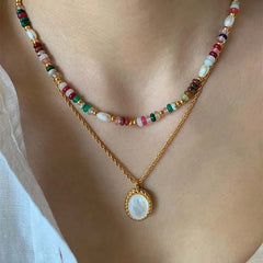 Colorful Beads & Freshwater Pearl Necklace – Retro Gold Clavicle Chain