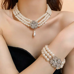 French Luxury Flower Pearl Jewelry Set – Multi-Layer Necklace & Earrings