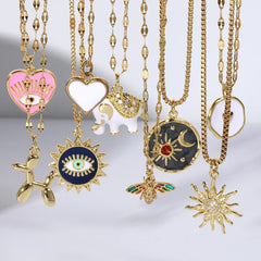 Heart Evil Blue Eye Sun Necklace for Women Cute Dog Bee Elephant Gold Color Pendant Long Stainless Steel Chains