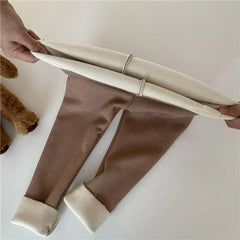 Korean Autumn Winter Children's Fleece-lined One-piece Pants Warm Baby Cartoon Elastic Ankle Length Trousers for Boys Girls