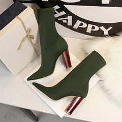 New Socks Boots Fashion Simple For Women Black Pointed Toe Elastic Heels Autumn Winter Slimming Thick Heel Ankle Boots Shoes