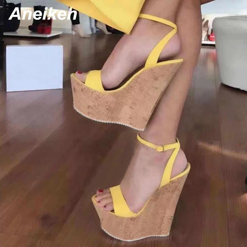 Aneikeh Fashion Shoes Woman Open Toe Platform Wedge Sandal for Woman Cutouts Super High Ankle Strap Gladiator Shoes Summer Heels
