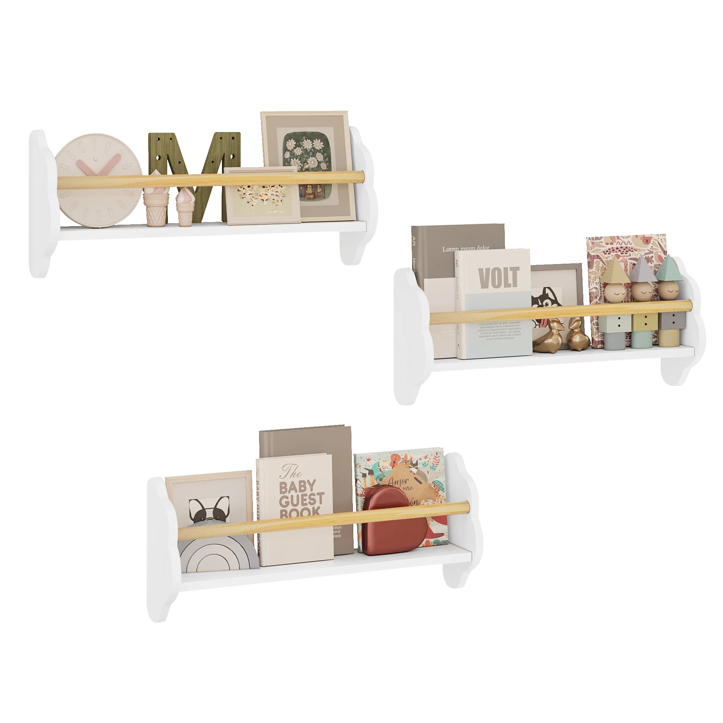 WOLTU 3PCS/Set White Children's Wall Shelves Bookcases Kids Shelf Book Storage for Playroom Baby's Room Organizer Home Decor