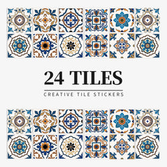 24 pieces of Mandala Retro Pattern Glossy Self-adhesive Tile Stickers for Kitchen and Bathroom Removable Waterproof Wall Sticker Home Decor