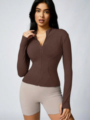 Women's Solid Color Zipper Turtleneck Sports Jacket, Long-Sleeved Sports Top, Gym Wear, Ladies' Sportswear for Indoor and Outdoo
