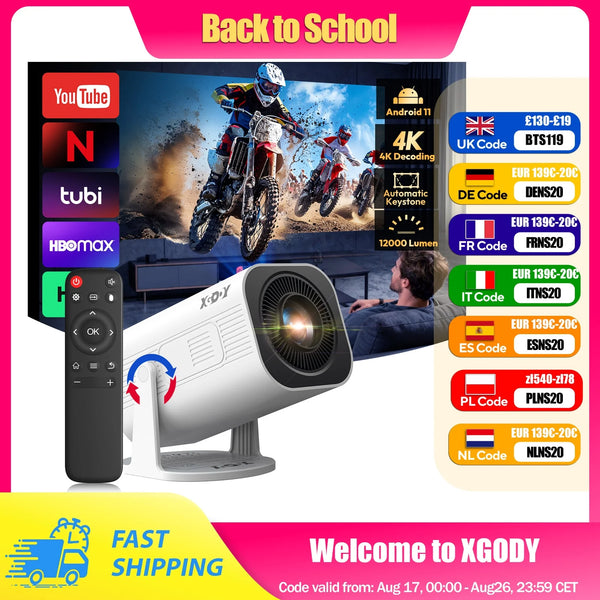 Xgody Gimbal 3 Pro Projector 4K Wifi6 Android Mini Beamer 300 Ansi Dual Wifi Bt5.4 1280*720P Home Theater Outdoor Portable