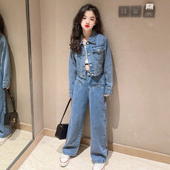Spring and Autumn New Girls Autumn Clothing Denim Fashionable Korean Style Fried Street Wide-Leg Pants Two-Piece Set