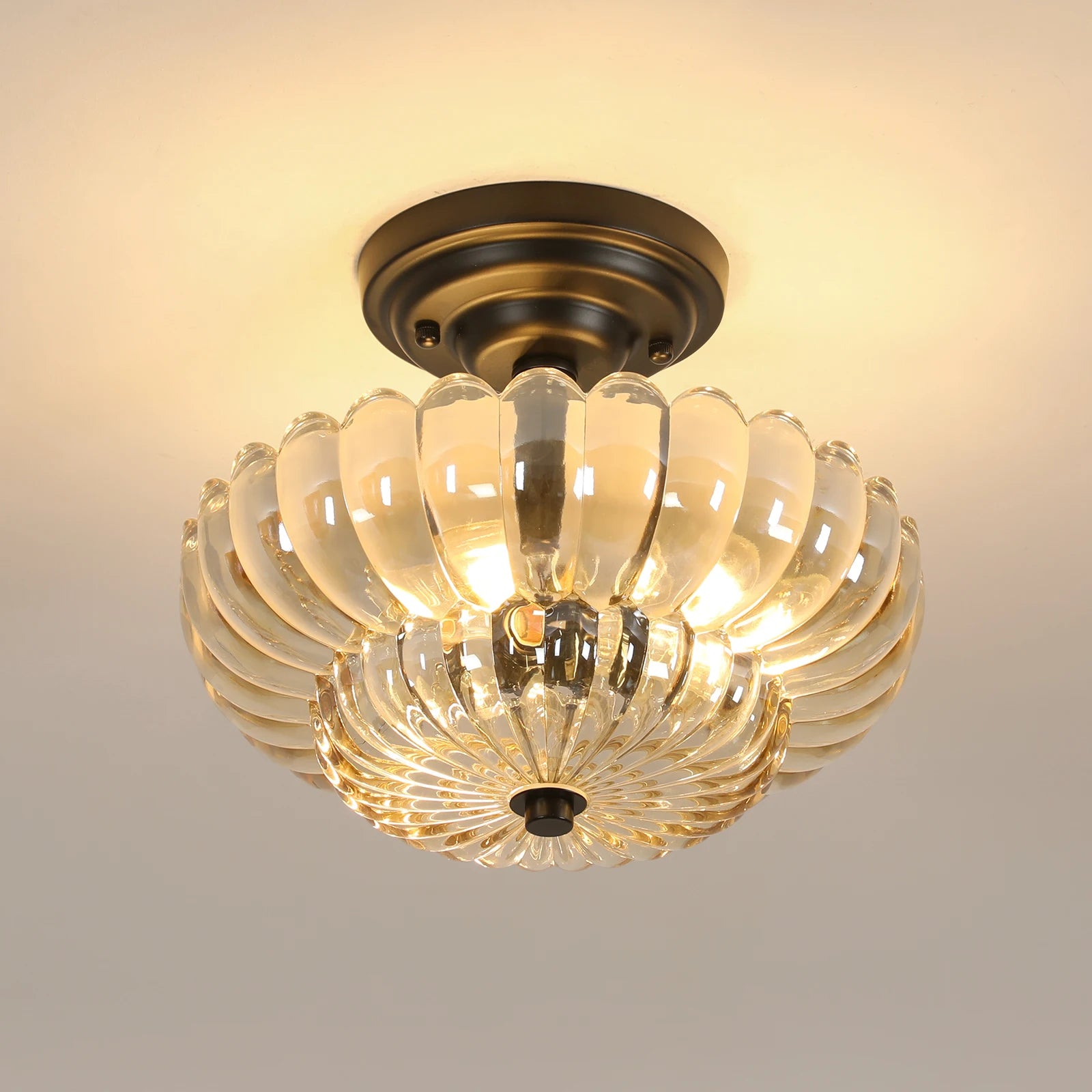 3-Light Modern Ceiling Mount Light with Scalloped Amber Glass Shade Semi Flush Mount Ceiling Lighting （Bulb not included）