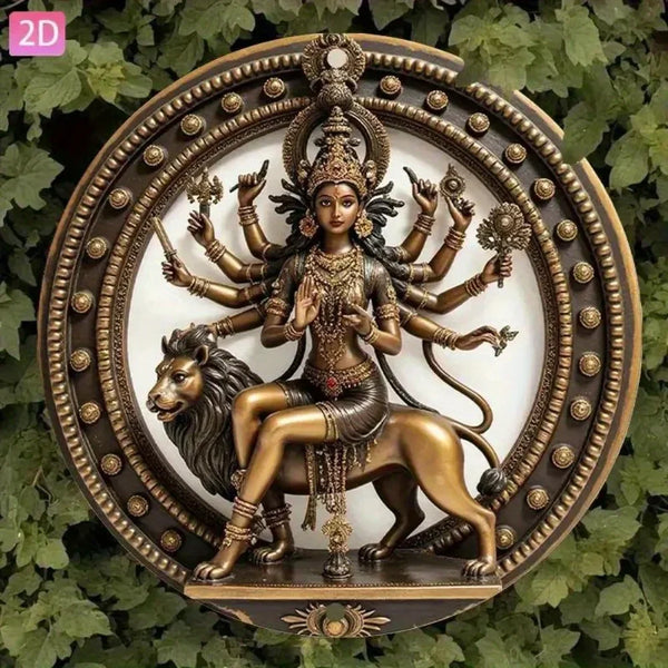 Hindu Goddess Durga Vintage Aluminum Wall Art Plaque - Golden & Black Lion Mount Indian Deity Home Decor