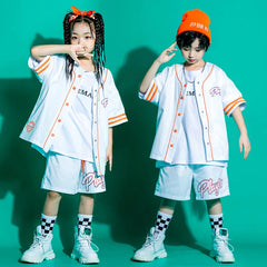 Kid Kpop Hip Hop Clothing Baseball Cardigan Shirt Top White Streetwear Cargo Jogger Pants Shorts for Girl Boy Jazz Dance Costume