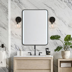 Haodirect Black Frame Rectangular Round Corner Bathroom Mirror with LED Light, Touch Switch Bathroom Vanity Mirror