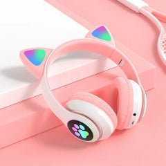 Flash Lamp Cute Cat Ears Headphone Bluetooth5.0 Stereo With Mic Support TF Card Wireless Kids Girl Earphone Birthday Gift