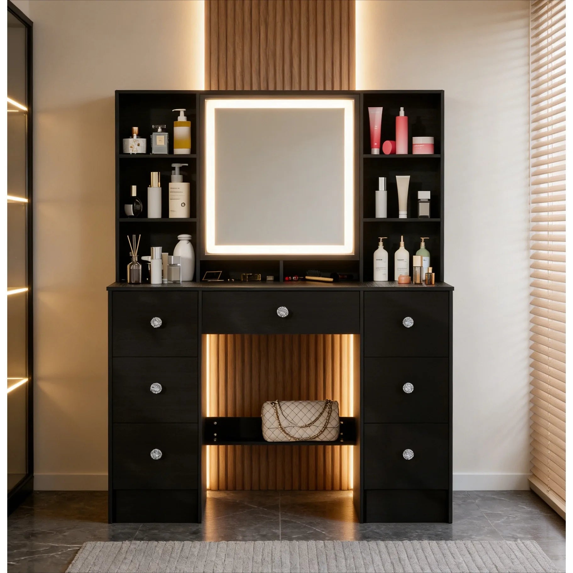 Teousev Black Dressing Table Wood Makeup Desk with 3-Colour Adjustment LED Mirror and 7 Drawers Dressers For Bedroom Furniture