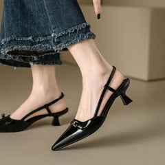 2024 New Summer Women's Dress Shoes Patent Leather Slip on Pointed Toe Sandals Buckle Slingbacks Mid Heels Pumps Sandalias Shoes