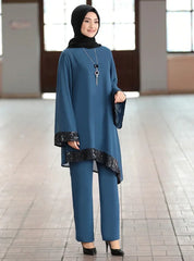 Ramadan 2 Piece Set Muslim Women Turkey Asymmetry Abaya Blouse Wide Leg Pants Kaftan Eid Suits Islamic Clothes Djellaba Musulman