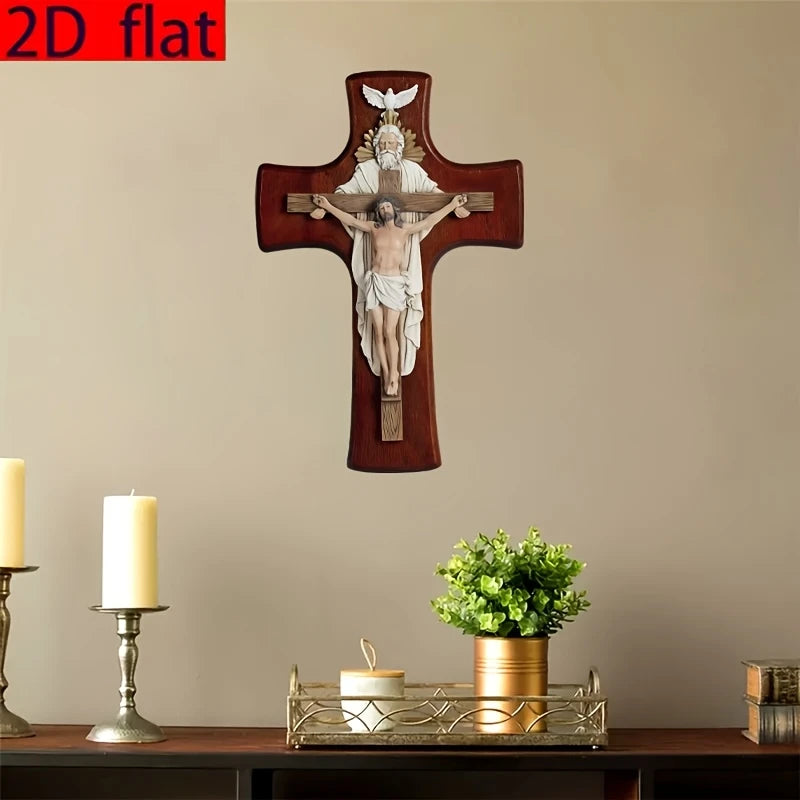 12in BC Catholic Trinitarian Wooden Cross 2D Plane Wall Hanging Christ Inspiring Home Decoration Devout Gift Religious Pendant