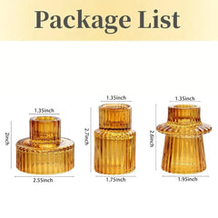 3Pcs Double Sided Vintage Ribbed Taper Glass Candle Holders for Table Centerpieces, Wedding Decorations Dinner Parties