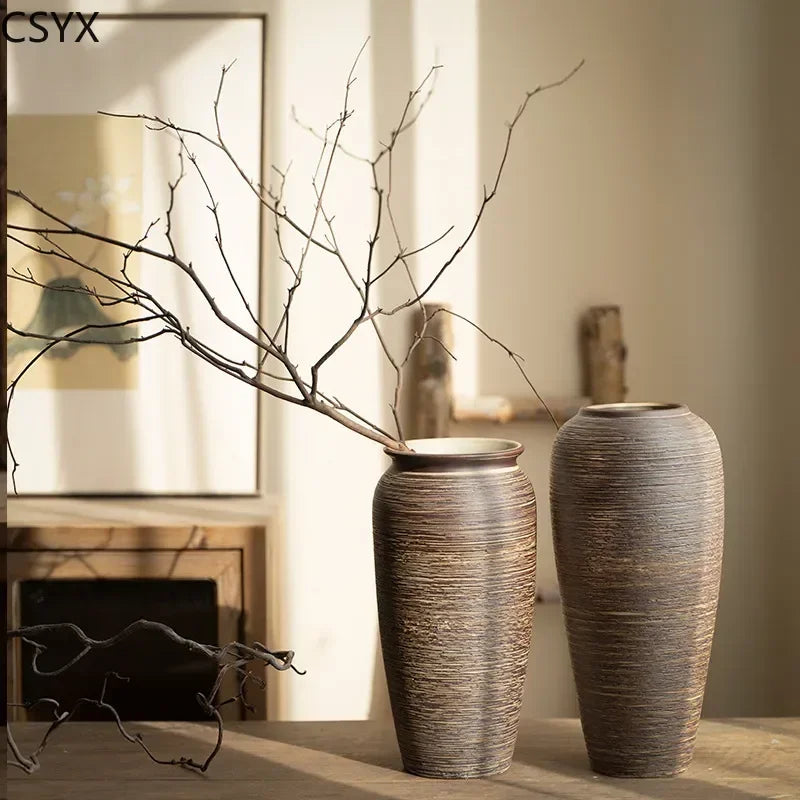 Vintage Chinese Zen Handcrafted Ceramic Pottery Vase, Rustic Living Room Floral Decor, Ideal for Room & Chambre