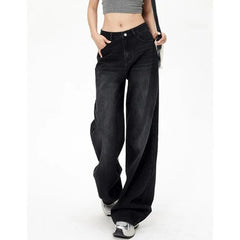 Lady Retro Black Gray High Waist Jeans Pants Women Fashion Straight Leg Denim Trousers Girls Loose Fit Thin Casual Pants