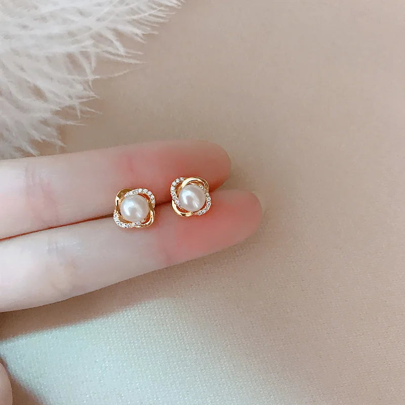 14K Gold Zircon Pearl Twist Stud Earrings for Women