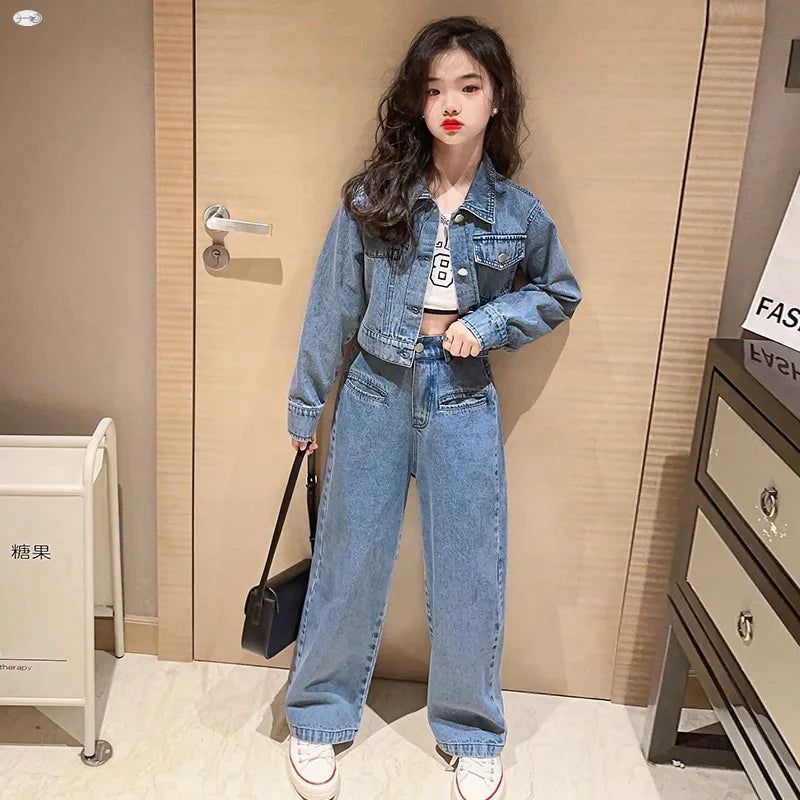 Spring and Autumn New Girls Autumn Clothing Denim Fashionable Korean Style Fried Street Wide-Leg Pants Two-Piece Set