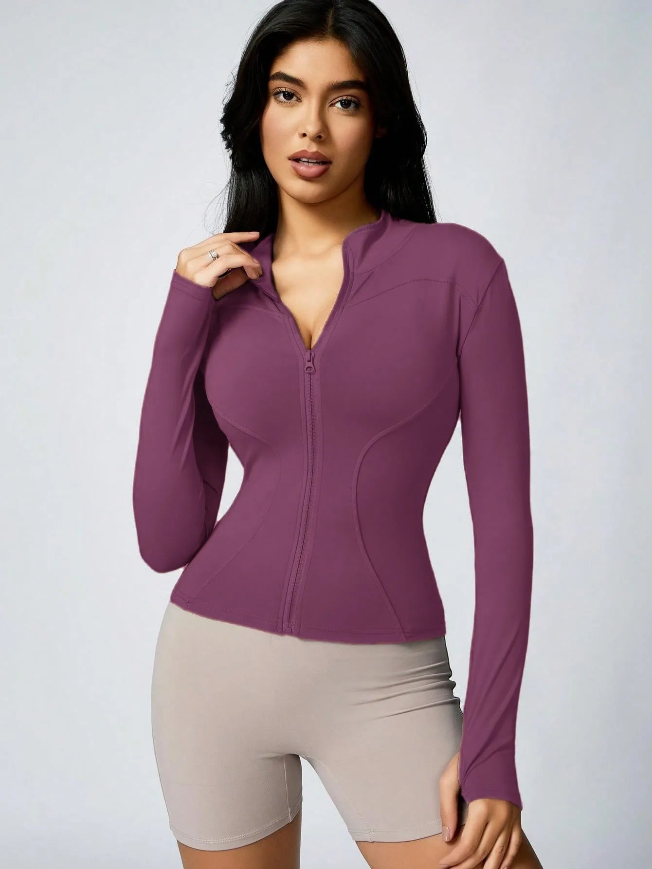 Women's Solid Color Zipper Turtleneck Sports Jacket, Long-Sleeved Sports Top, Gym Wear, Ladies' Sportswear for Indoor and Outdoo