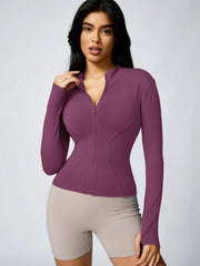 Women's Solid Color Zipper Turtleneck Sports Jacket, Long-Sleeved Sports Top, Gym Wear, Ladies' Sportswear for Indoor and Outdoo