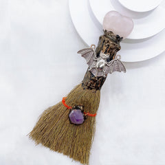 Natural Amethyst Crystal Love Heart Magic Broom Gem Crafts Home Decoration Reiki Healing Witch Broomstick Christmas Gift