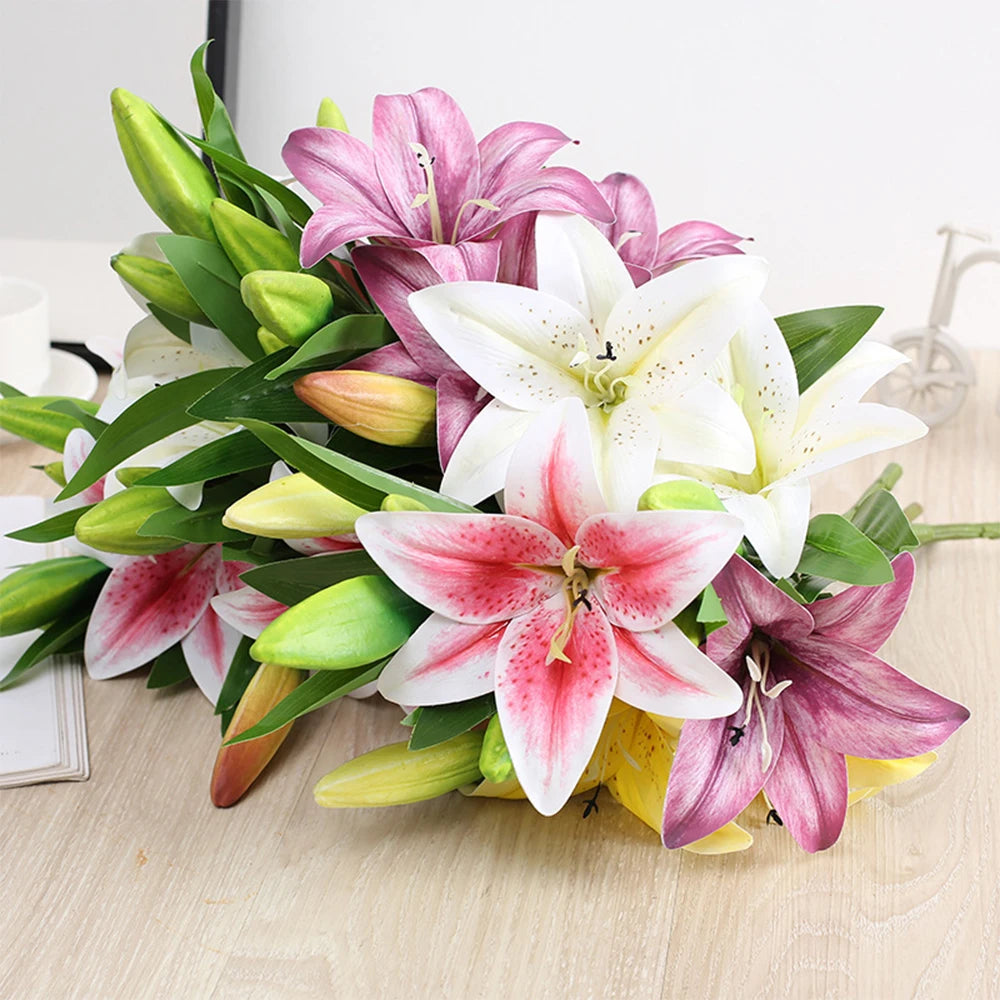 Real Looking 3D Printing Lily Branch  Artificial Flowers White Fake Flowers Flores for Wedding Home Garden Decoration Home Decor, Plants & flowers