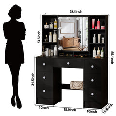 Teousev Black Dressing Table Wood Makeup Desk with 3-Colour Adjustment LED Mirror and 7 Drawers Dressers For Bedroom Furniture