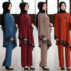 Ramadan 2 Piece Set Muslim Women Turkey Asymmetry Abaya Blouse Wide Leg Pants Kaftan Eid Suits Islamic Clothes Djellaba Musulman