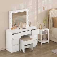 Vanity Dressing Table with LED Lighting Adjustable Brightness Cosmetic Table Large Mirror 7 Drawers for Girls Women Bedroom Furniture