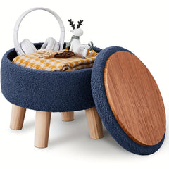 Velvet Round Ottoman with Wood Legs Multifunctional Footrest