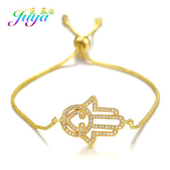Juya 18K Real Gold Plated Adjustable Chains Multicolor Zirconia Hamsa Fatima Enamel Greek Evil Eye Charms Bracelets For Women