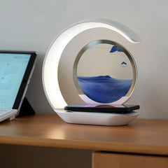 Quicksand Table Lamp USB Wireless Charging Desk Lamp 3D Hourglass Ornaments Sand Painting Night Light for Office Room Decoration