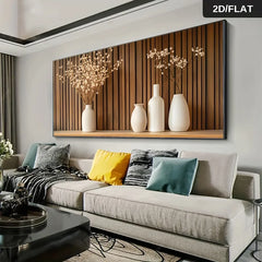 Modern Beige Vase Wall Art Canvas Painting, Frameless 2D Flat Decorative Poster for Living Room and Bedroom, Minimalist Wooden