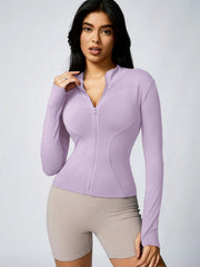 Women's Solid Color Zipper Turtleneck Sports Jacket, Long-Sleeved Sports Top, Gym Wear, Ladies' Sportswear for Indoor and Outdoo