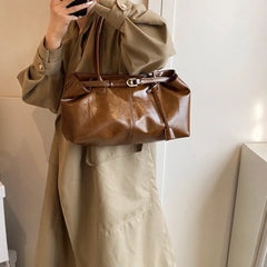 Large Capacity Oil PU Leather Shoulder & Tote Bag for Women