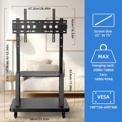 Mobile TV Cart, Height Adjustable TV Stand for 32-75inch TVs with Lockable Wheel,Rolling TV Stand with Wheels Max VESA 600x400mm Living Room Furniture