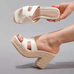 Woven Hemp Rope Thick Heel White Wedge Sandals Summer Waterproof High Heels Cross-Border Style Ladies Slip-On Shoes