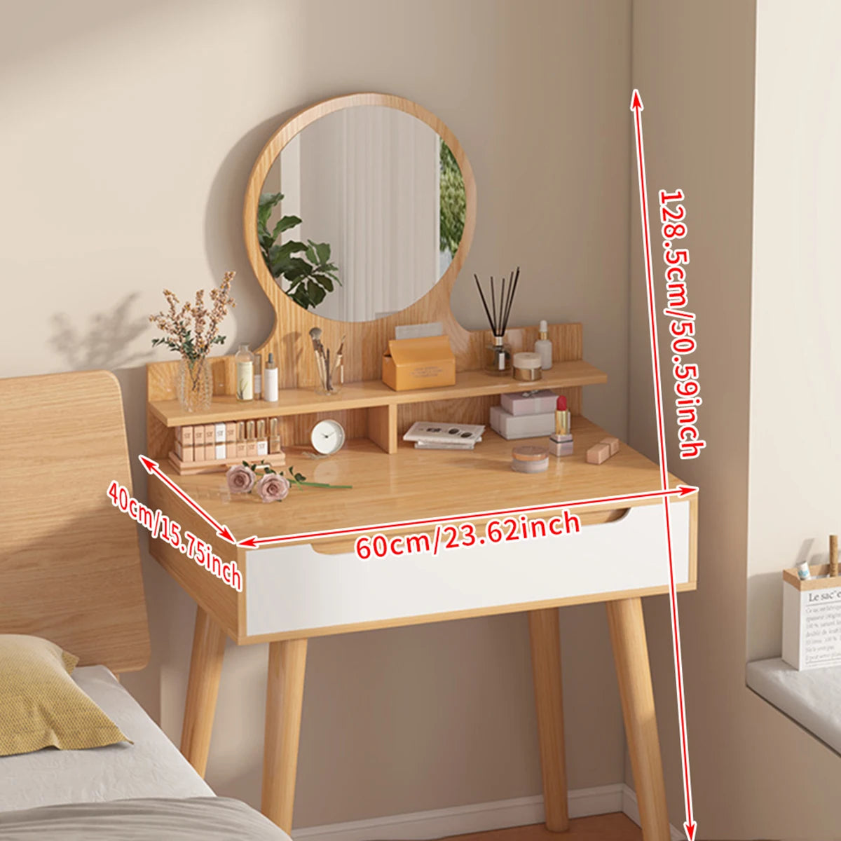 Makeup Table Nightstand with Drawer Storage Rack Minimalist Style Dressing Table with Mirror Cosmetic Table for Bedroom Furniture