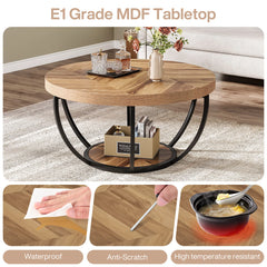 Tribesigns 31.7" Round Coffee Table, Industrial 2-Tier Circle Coffee Table with Storage Shelves, Modern Wooden Accent Center Tab Living Room Furniture