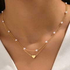 LATS Multilayer Pearl Cross Love Heart Pendant NecklaceGold Color Fashion Neck Chain Trend Jewelry