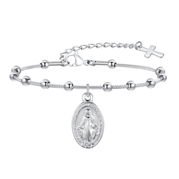 Vnox Rosary Bracelet for Women Girls, Gold Plated Stainless Steel Religious Cross and Virgin Mary Prayer Bracelets Gifts