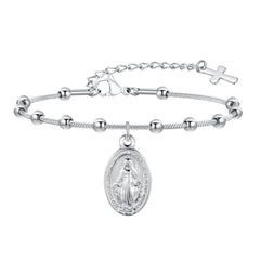Vnox Rosary Bracelet for Women Girls, Gold Plated Stainless Steel Religious Cross and Virgin Mary Prayer Bracelets Gifts