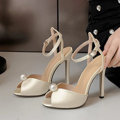 Liyke High Quality Cozy Silk Peep Toe Shoes 11CM Thin Heels Gladiator Sandals Women Fashion Pearl Designer Shoes Ankle Strap Sandalias