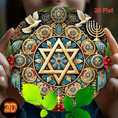 2D Flat Star of David Menorah Dove Round Metal Tin Sign, Elegant Jewish Hanukkah Religious Wall Decor, Ornate Judaica Art Iron P