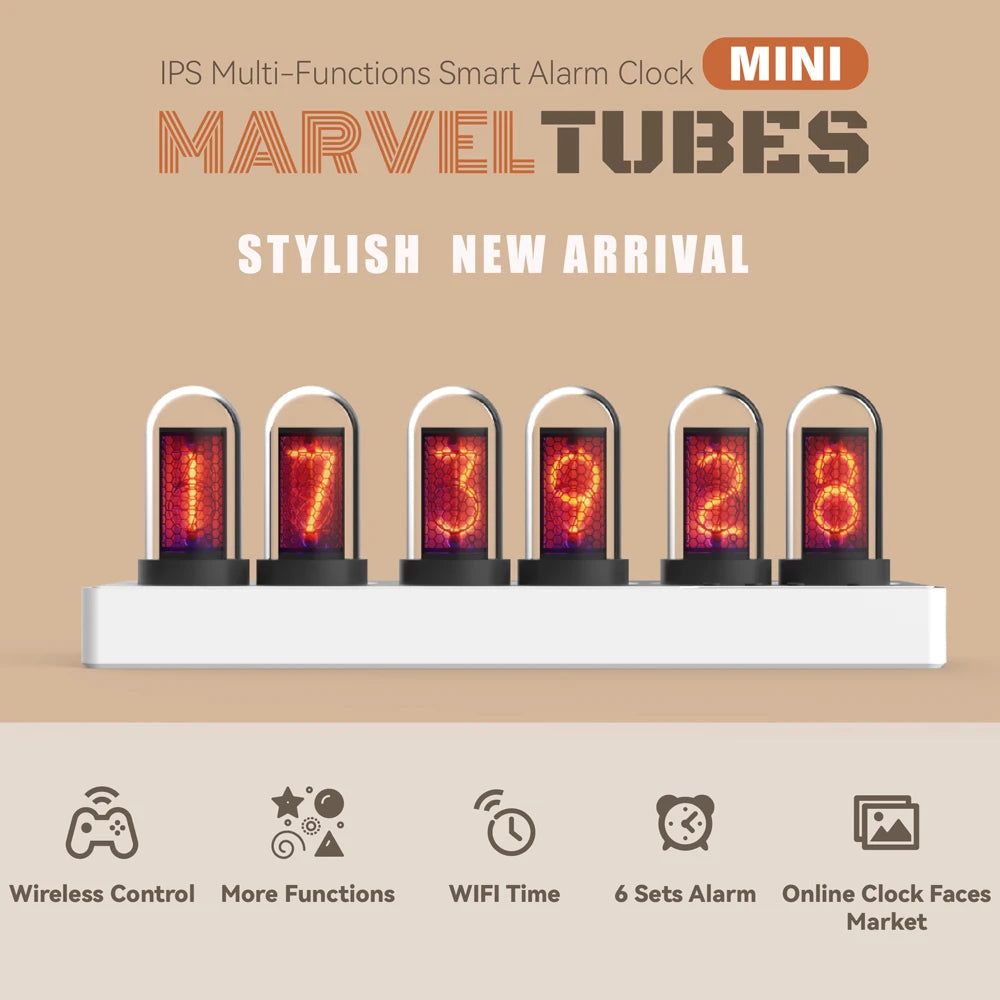 WIFI Control IPS Nixie Tube Alarm Clock with Colorful RGB Lights for Game Room Decoration.DIY Clock Faces and Pictures.Gift Idea